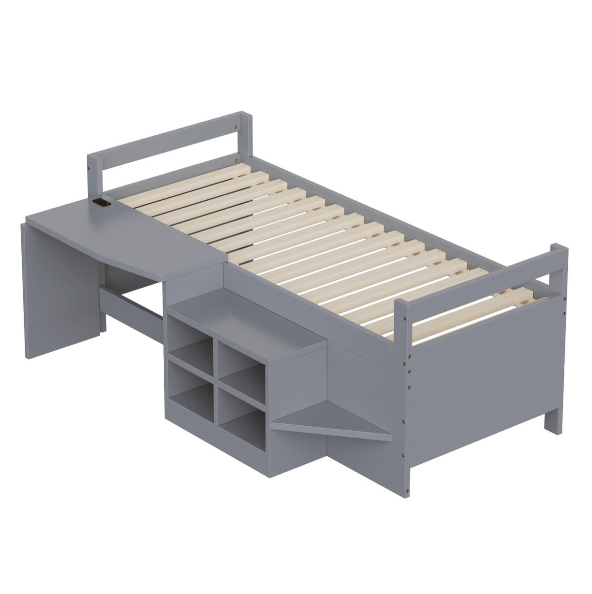 MULTIFUNKTIONSBETT 90/200 cm Grau mit Schreibtisch, Stauraum und Steckdose - Grau, Holz (90/200cm) - MIVRAY