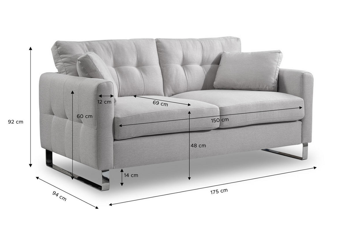 SOFA hellgrau Flachgewebe 2-Sitzer 175 cm, Couch mit Steppoptik - Chromfarben/Hellgrau, Holz/Textil (175/92/94cm) - Inn.Furn
