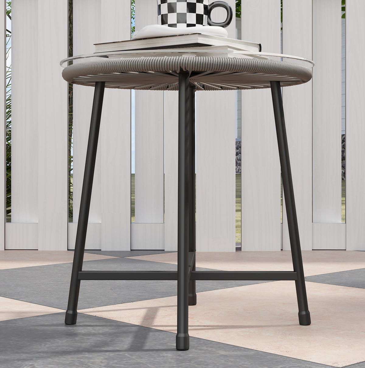 BALKONSET aus Rattan 3-teilig 45x45x46cm dunkelgrau mit Sitzkissen - Dunkelgrau, Naturmaterialen - Modfu