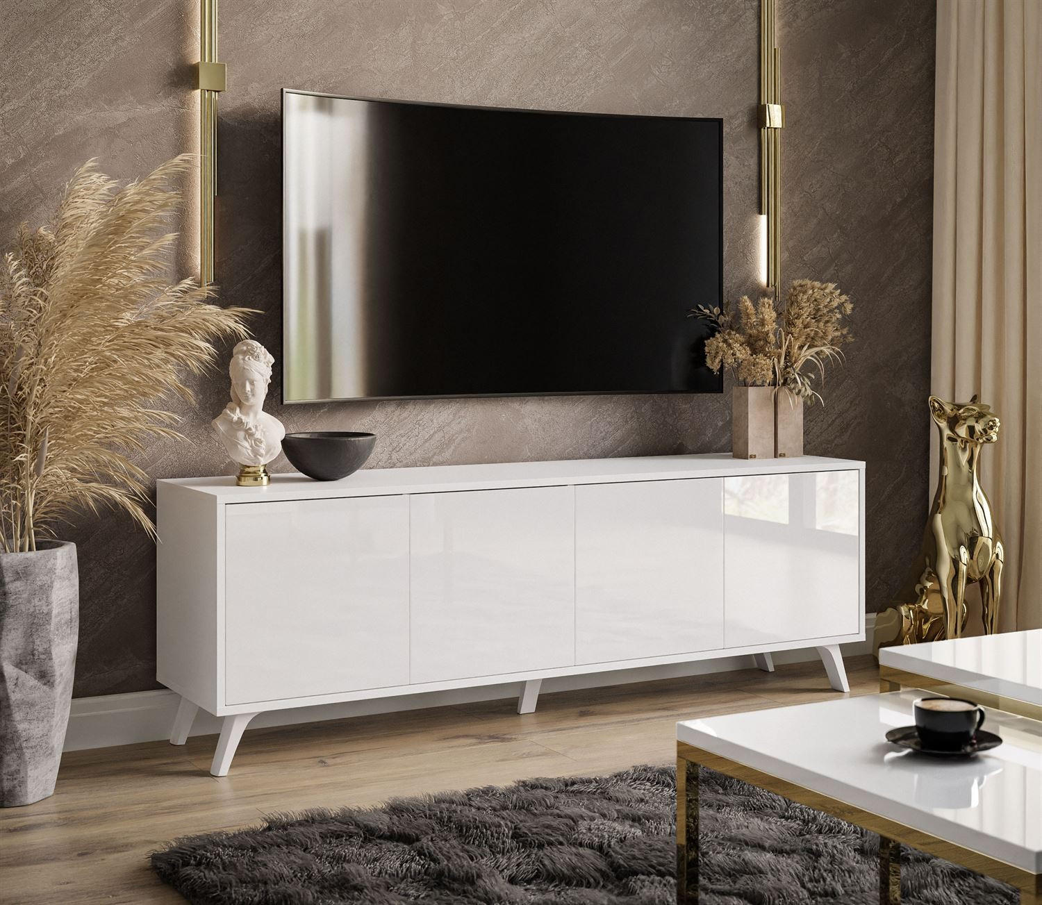 TV-ELEMENT SANAYI auf weißen Beinen Hochglanz Weiß - Weiß, Holzwerkstoff (156/54/38cm) - Lookway