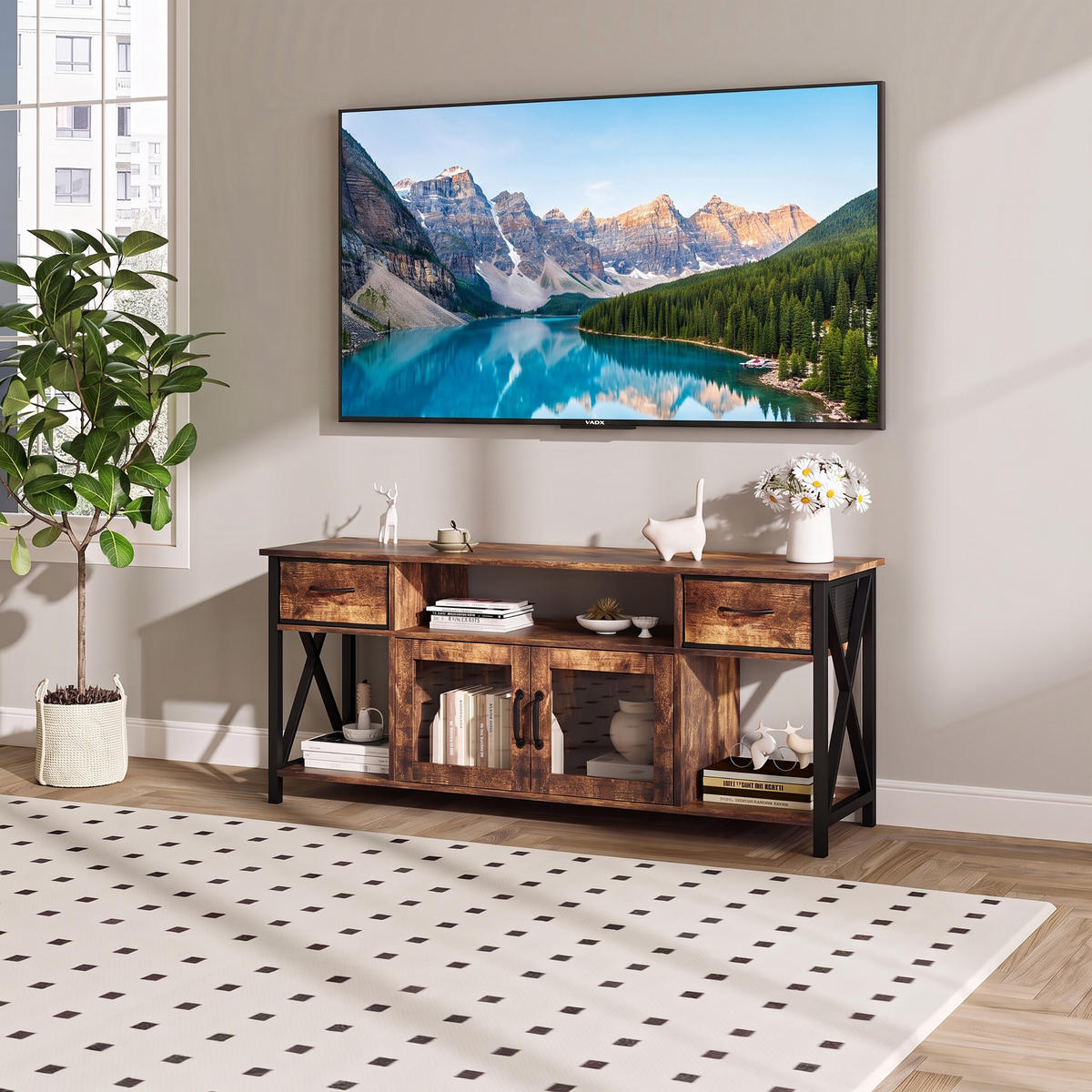TV-LOWBOARD Braun Schwarz Industrial 140 cm - Braun, Holzwerkstoff/Textil (140/60/40cm) - Relaxdays
