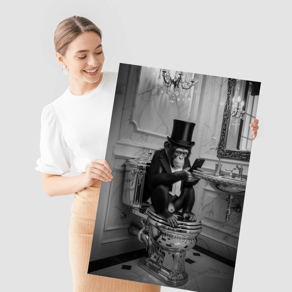 POSTER für Badezimmer WC AFFE mit Zylinder auf Toilette Abstraktion 20x30cm - Schwarz/Weiß, Papier (20/30/1cm) - Muralo