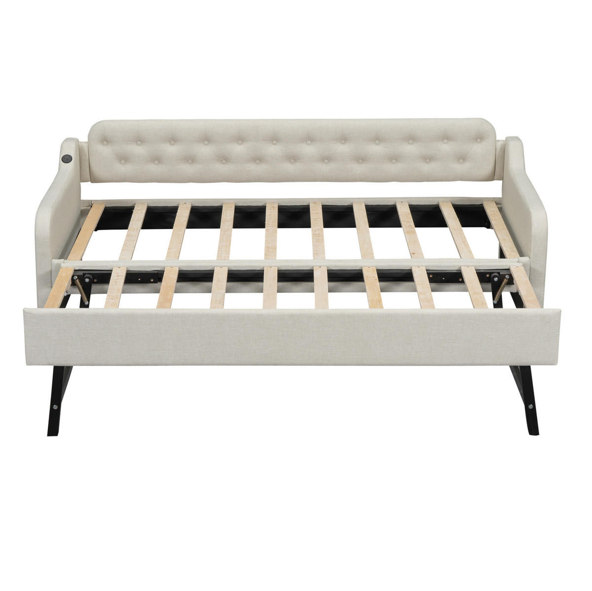 POLSTERBETT aus Leinen 90x200 cm Beige mit Ausziehbett, USB-Anschluss und schlichtem Design - Beige, Textil (90/200cm) - Modfu