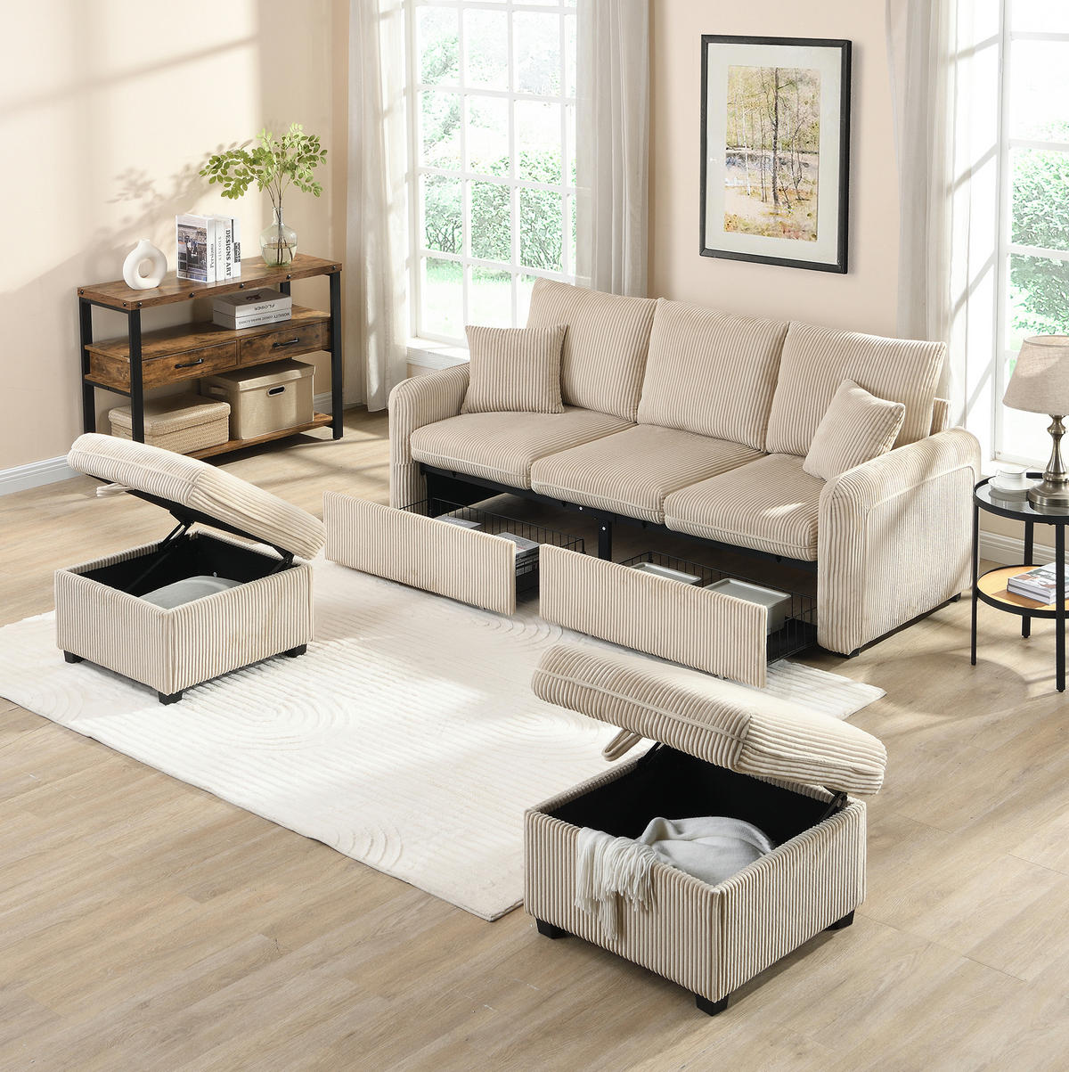 ECKSCHLAFSOFA 3-Sitzer Cord mit Stauraum und 2 Hocker Beige 188/186/86 cm - Beige, Textil (186/188cm) - Redom