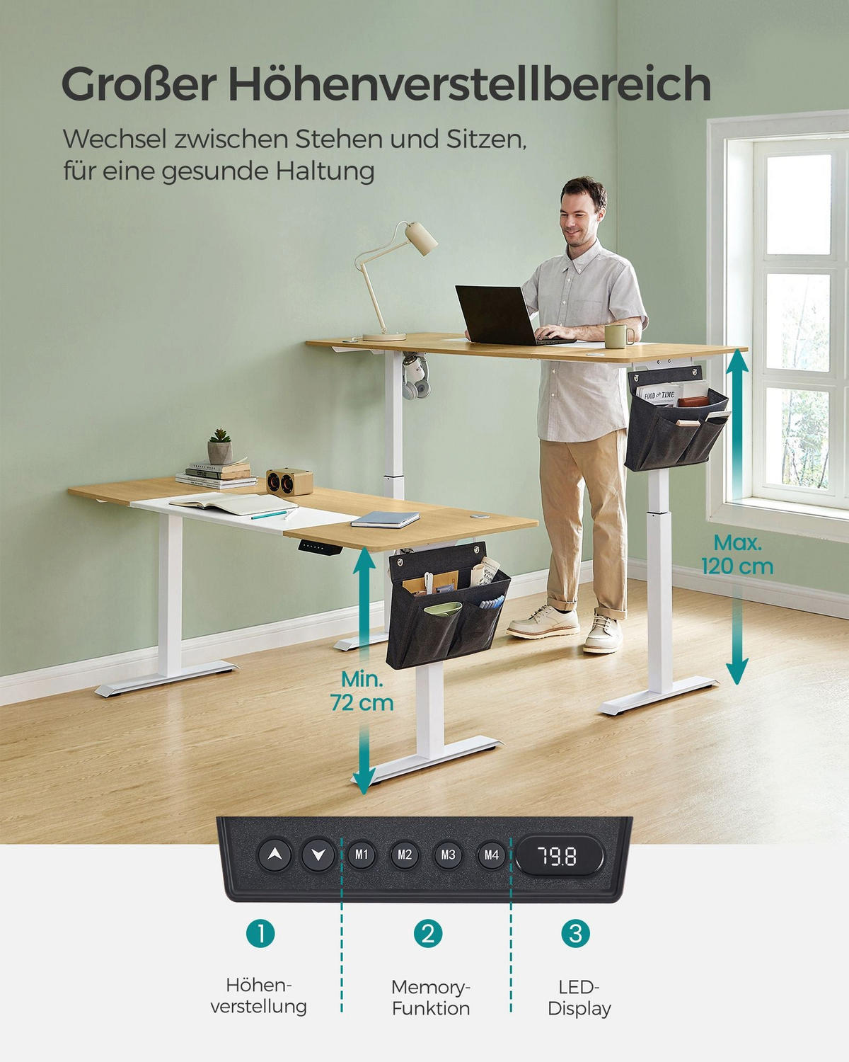 HÖHENVERSTELLBARER SCHREIBTISCH TIRANA - Gelb, Holzwerkstoff (70/160/120cm) - Hansiro