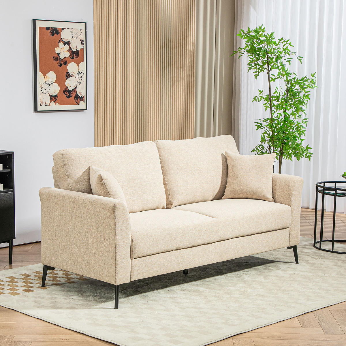 2 Sitzer Sofa, Couch mit Leinenoptik, Metallbeine, Polstersofa Doppelsofa - Beige/Schwarz, Textil/Metall (80/89/179cm) - HOMCOM