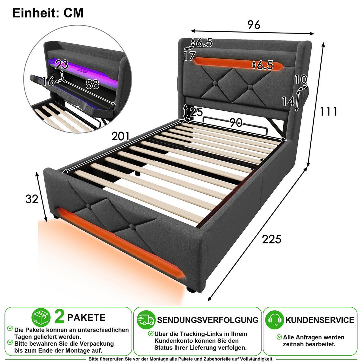 POLSTERBETT 90/200 cm in Grau Leinen mit Bettkasten, LED, USB und Type-C - Grau, Holzwerkstoff/Textil (90/200cm) - CHICFURN