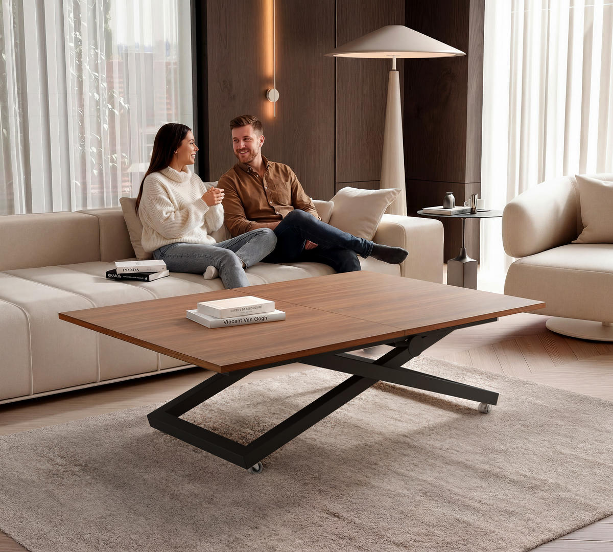 COUCHTISCH ARIA 120-160/80 cm, Höhenverstellbar, Schwarz / Franklin-Nussbaum - Nussbaumfarben/Schwarz, Holzwerkstoff/Metall (120/80/38cm) - Idohome