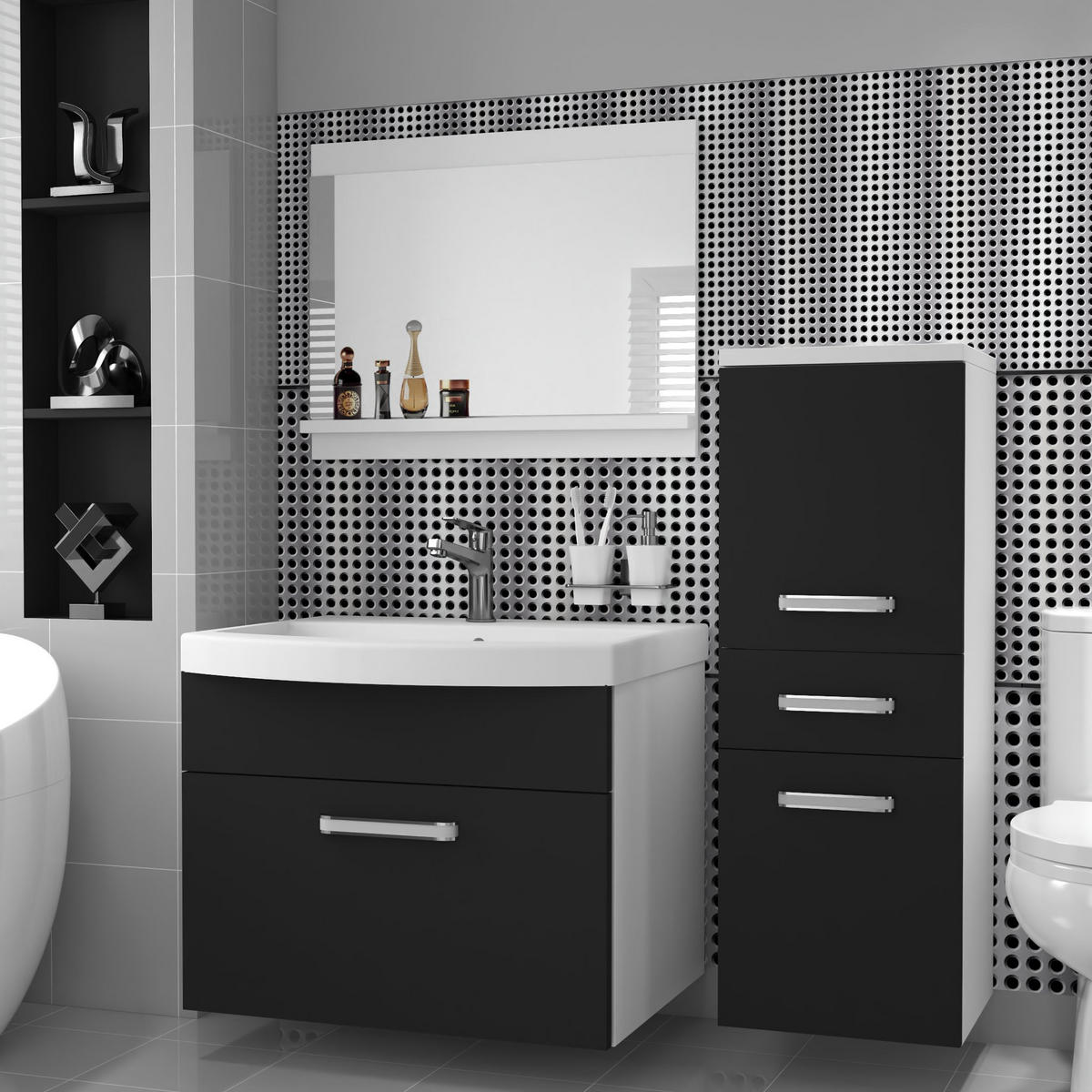 BADMÖBEL Badezimmer SET PRI M2, Schwarz Matt, 90 cm - Schwarz, Holz (38.7/81/90cm) - B BELINI GROUP