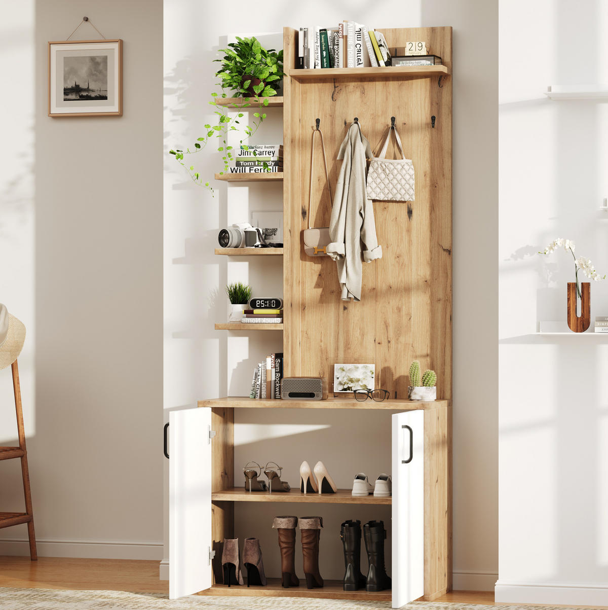 FLURGARDEROBE 75/33/180 cm mit Schuhablage und Schrank in Natur/Weiß - Naturfarben, Holzwerkstoff (75/180/33cm) - BEAOK