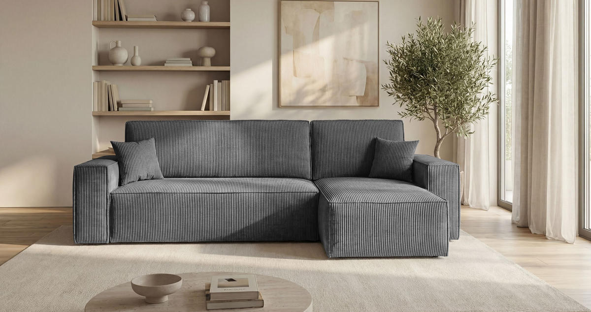ECKSOFA CALIFORNIA MINI rechts dunkelgrau Cord Poso 60 - Schlaffunktion, Bettkasten - Anthrazit, Textil (245/139cm) - Cornero