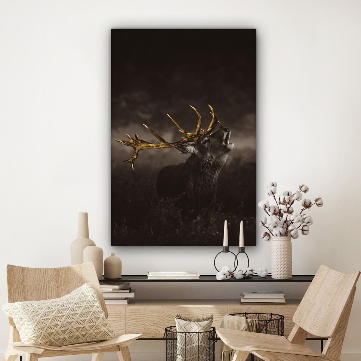 LEINWANDBILD Rotwild - Schwarz - Gold 80x120 cm - Braun, Textil (80/120cm) - MuchoWow