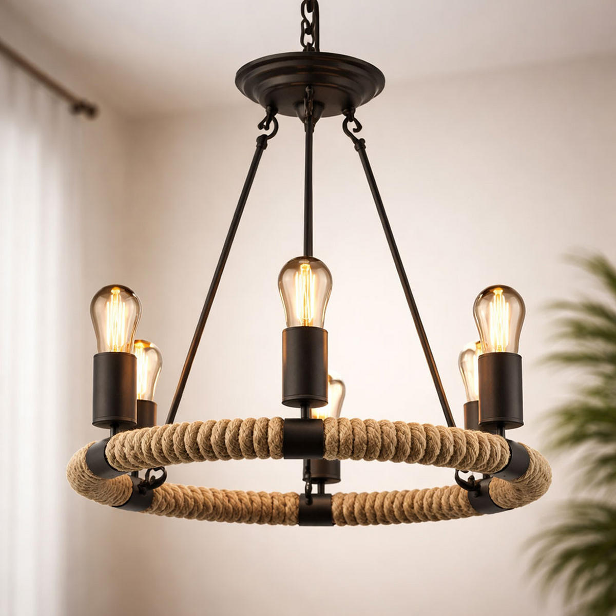 LED HÄNGELEUCHTE Hanfseil Schwarz - Schwarz, Metall (50/50/126cm) - Globo Lighting