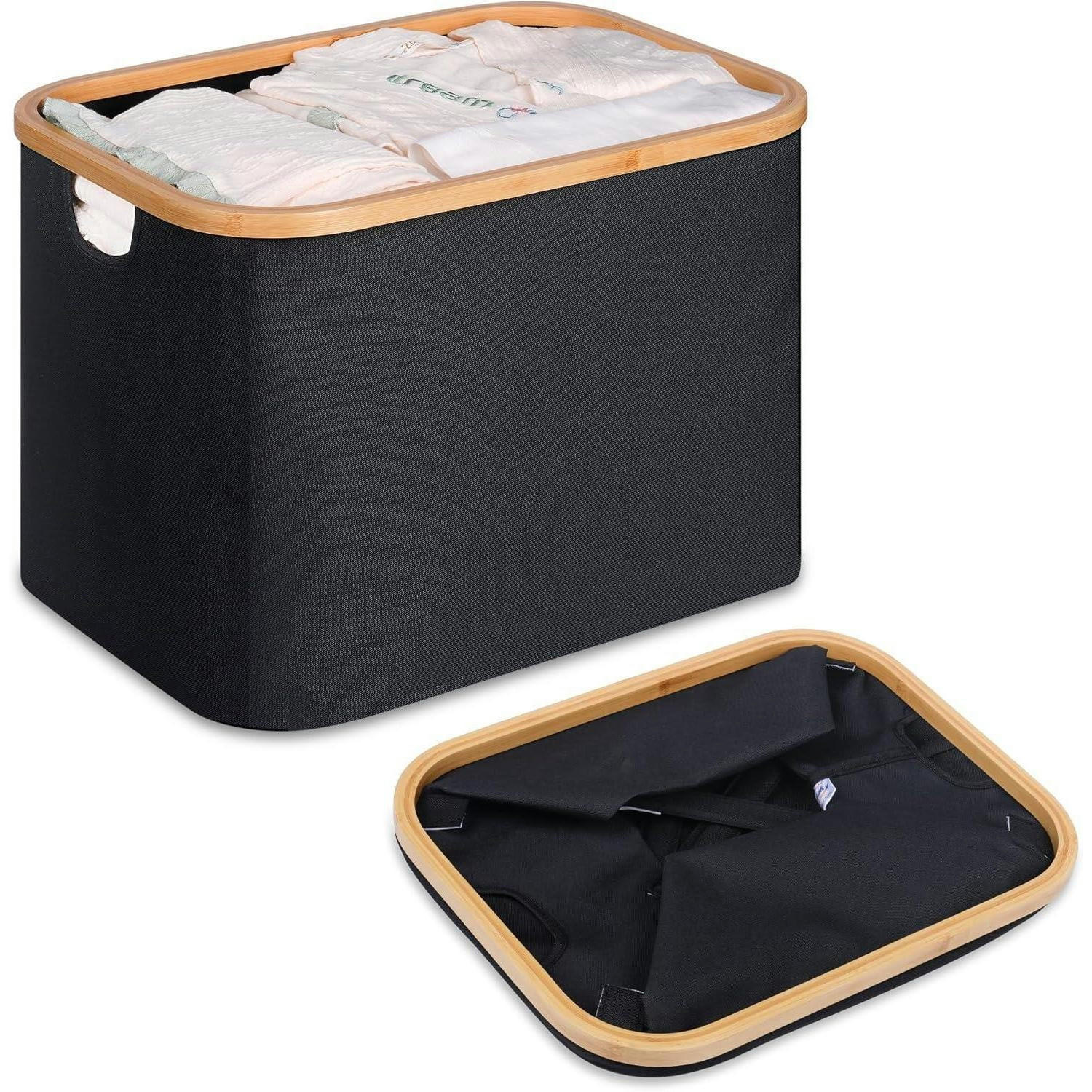 WÄSCHEKORB Bambus Stoff Schwarz 50 Liter - Schwarz, Naturmaterialien (33/33/44cm)