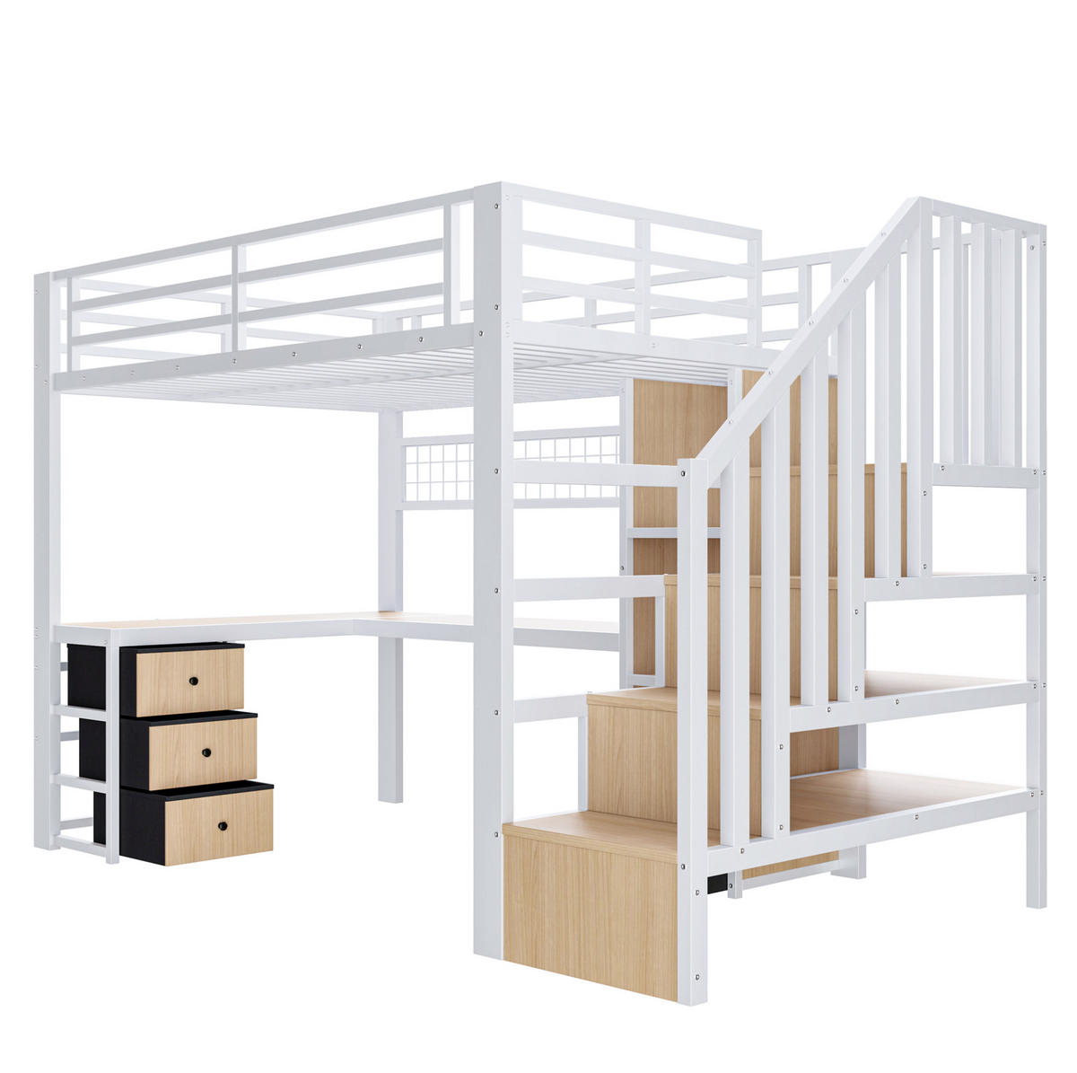 HOCHBETT 90/200 cm weiß aus Metall und MDF mit Schreibtisch und LED - Weiß, Metall (90/200cm) - OKWISH