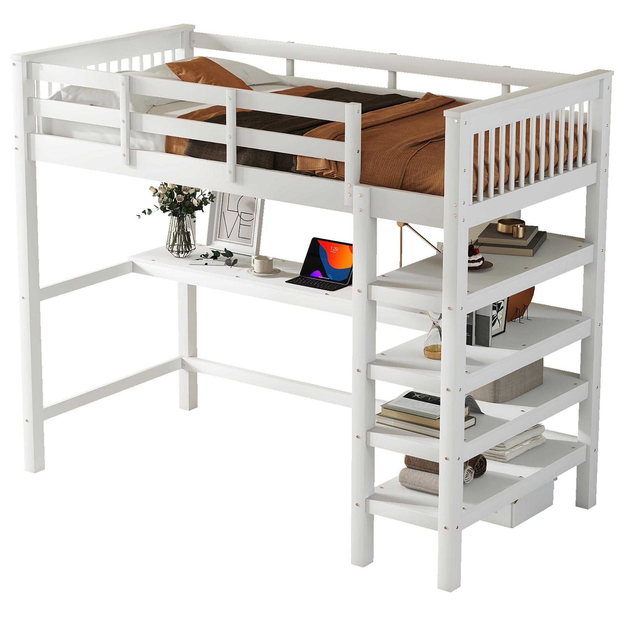 HOCHBETT mit Schreibtisch und Regalen 90x200 cm Kiefernholz Weiß - Weiß, Holzwerkstoff (90/200cm) - Beauniv