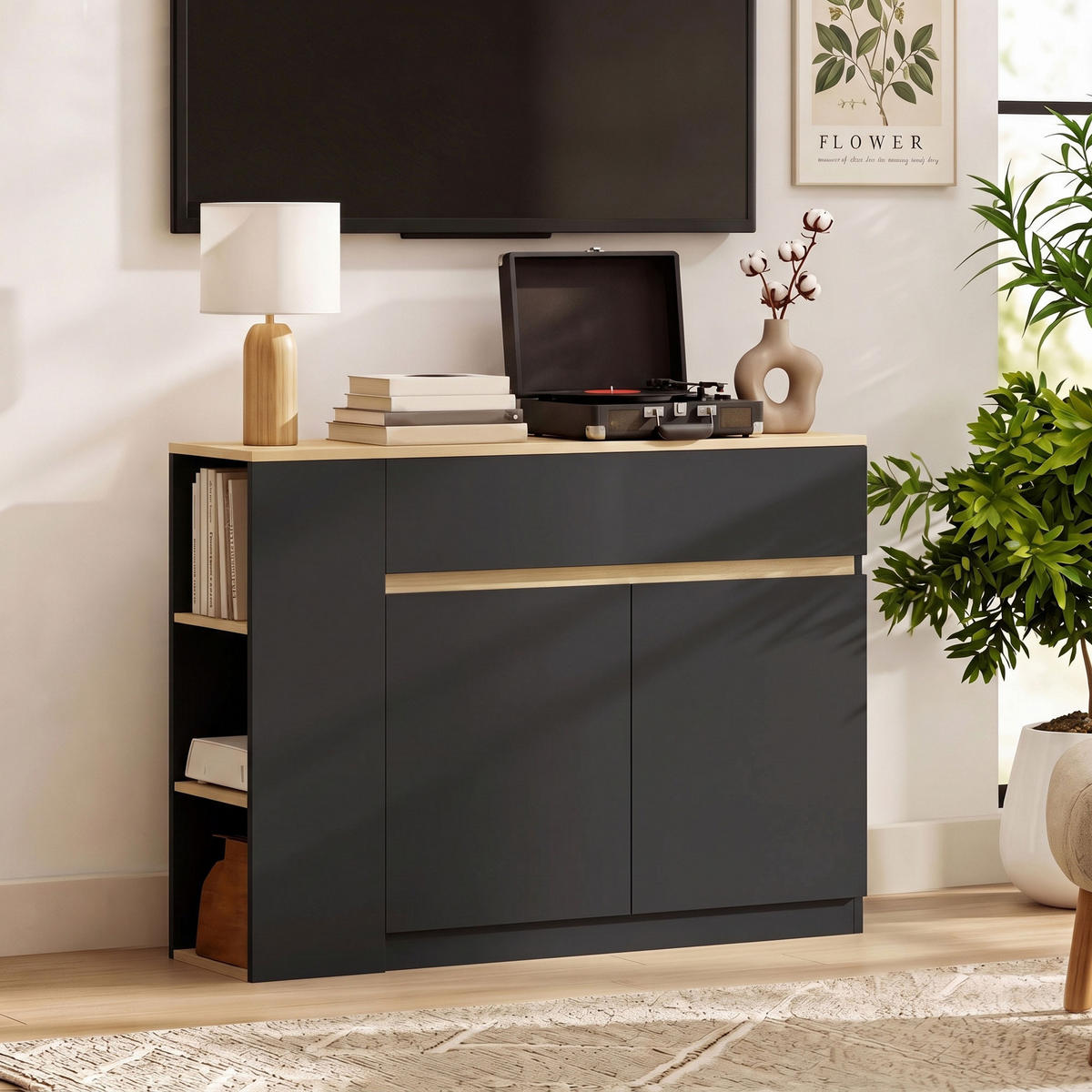 SIDEBOARD Küchenschrank mit Schublade, verstellbare Ablage, Aufbewahrungsschrank - Schwarz, Holzwerkstoff/Metall (29.5/82/110cm) - HOMCOM