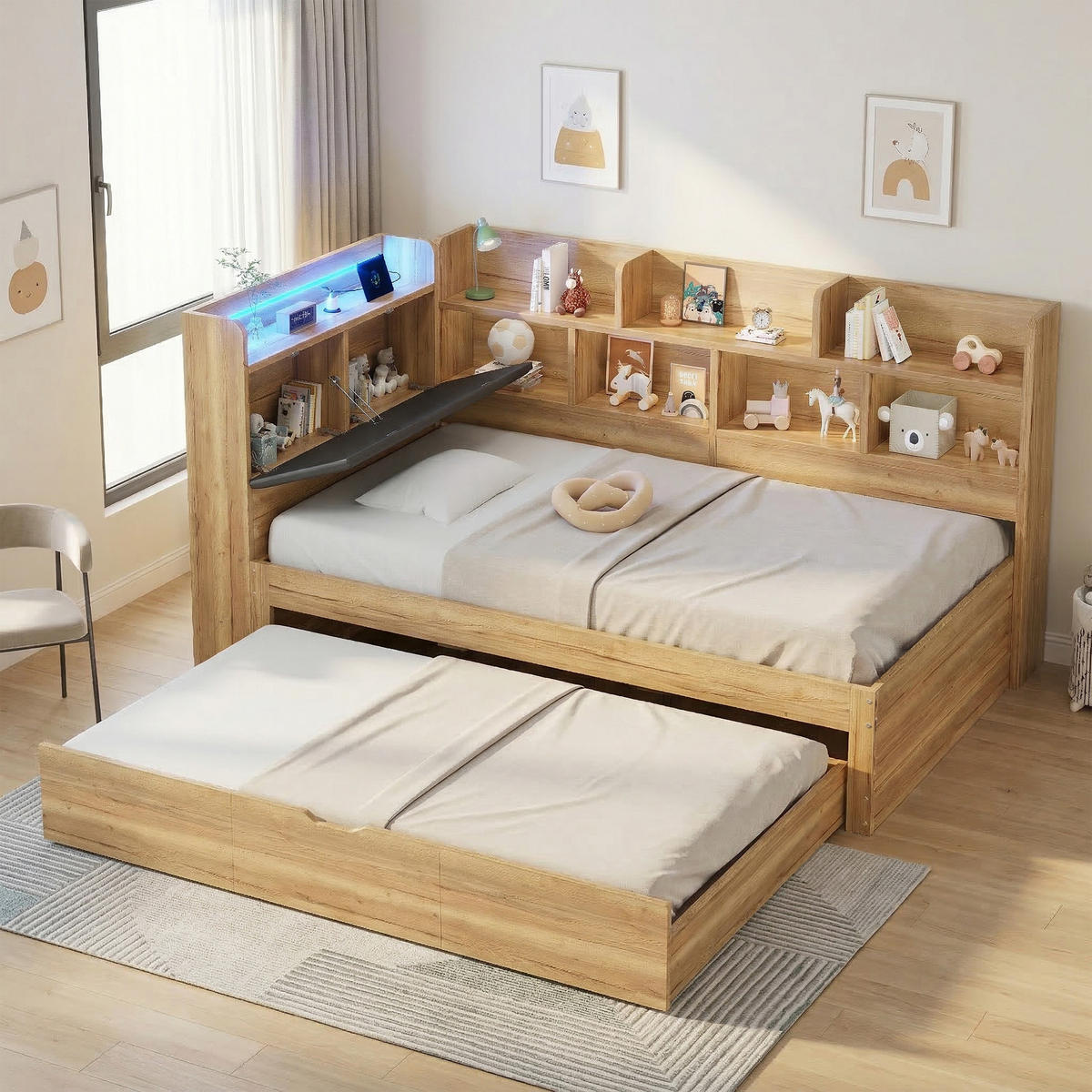 KINDERBETT Natur 90x200 LED USB Ausziehbett Stauraum Holz - Naturfarben, Holzwerkstoff (90/200cm) - FLIEKS