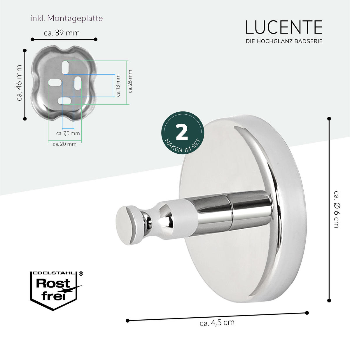 HANDTUCHHAKEN LUCENTE 2er-Set, Edelstahl verchromt inkl. Klebeset - Chromfarben, Metall (6/4.5/6cm) - bremermann