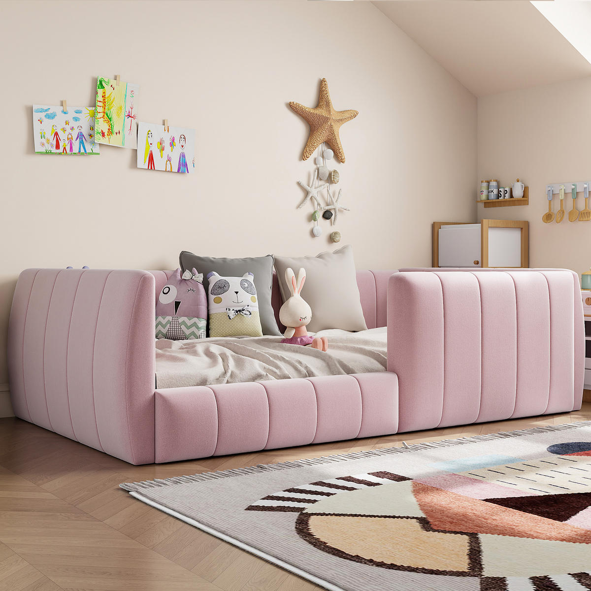 POLSTERBETT 90/200 cm in Pink Samt mit Sicherheitsgitter - Rosa, Holzwerkstoff/Textil (90/200cm) - WISHDOR