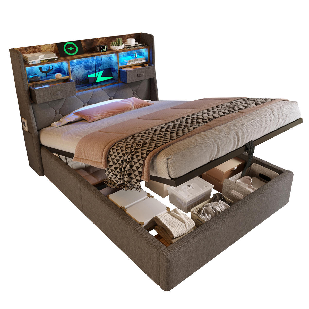 STAURAUMBETT 90/200 cm DE-00992, in Grau, Hydraulik, LED und Matratze - Grau, Holz (90/200cm) - ComfortXL