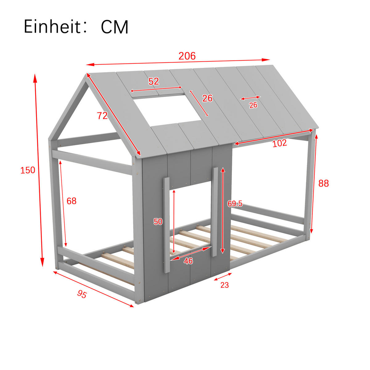 KINDERBETT 90/200 cm in Hausform mit Dach und Fenster aus Kiefern und MDF, Grau - Grau, Holzwerkstoff (90/200cm) - Redom