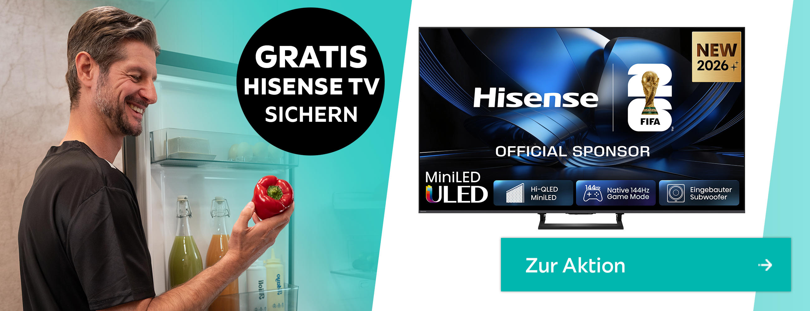 GRATIS Hisense TV sichern; Zur Aktion; Produkt-Freisteller von modernem Fernseher von Hisense