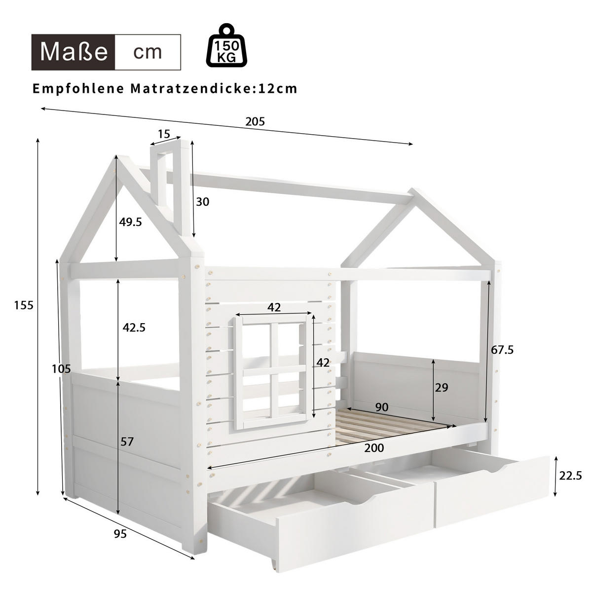 KINDERBETT Hausbett Liegefläche 90/200 cm aus massivem Kiefernholz in Weiß - Weiß, Holzwerkstoff (90/200cm) - BEAOK