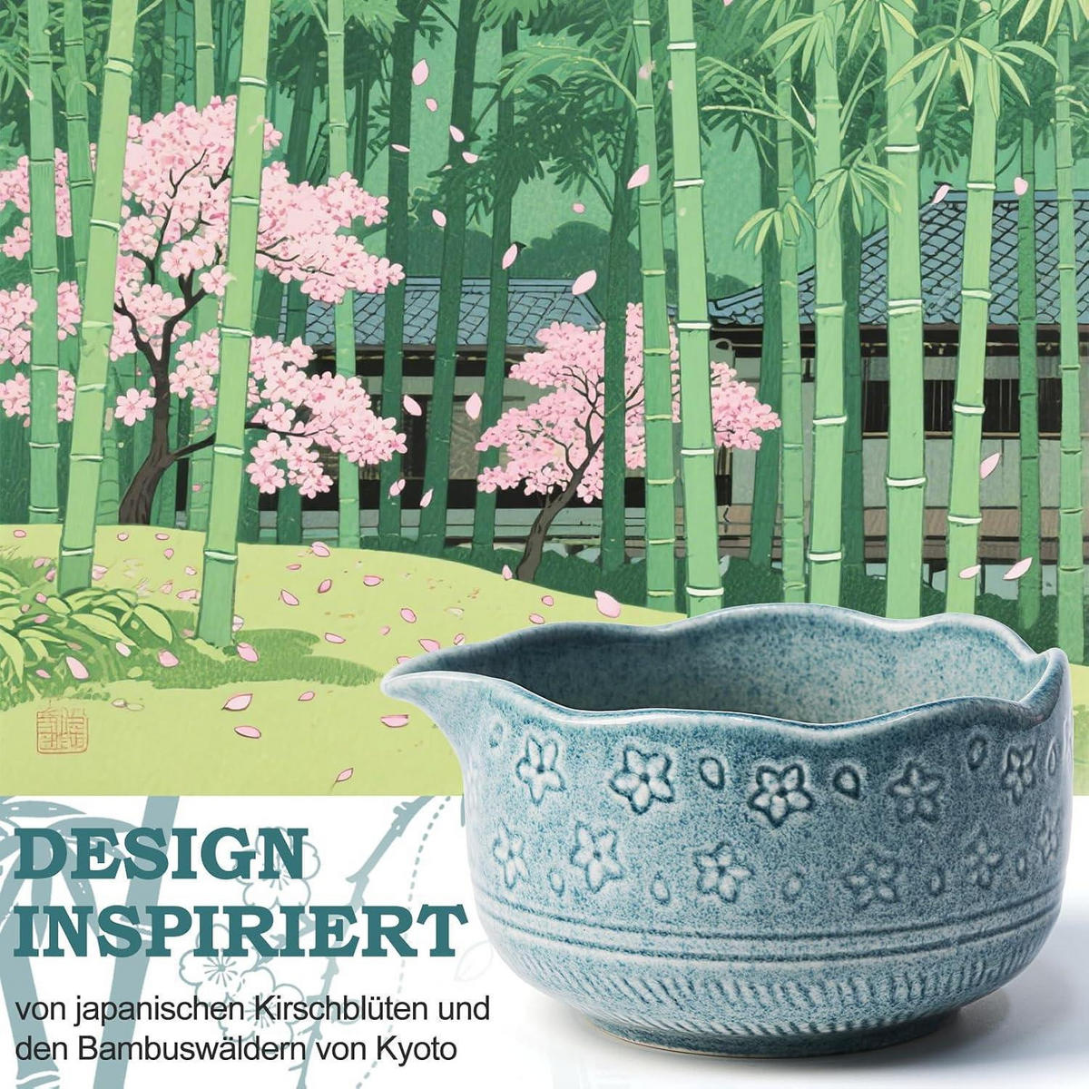 MATCHA Set 7-teiliges traditionelles Tee-Set mit Bambusbesen und Schale - Dunkelblau, Keramik (15/10/15cm)