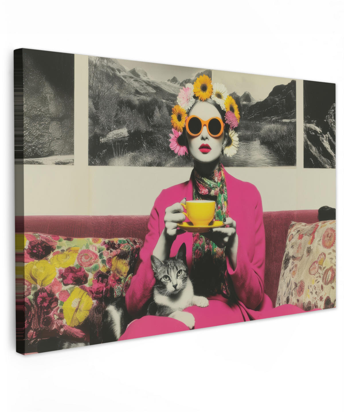 LEINWANDBILD Frau - Katze - Blumen - Tasse - Retro Groß 140x90 cm - Magenta, Textil (140/90cm) - MuchoWow