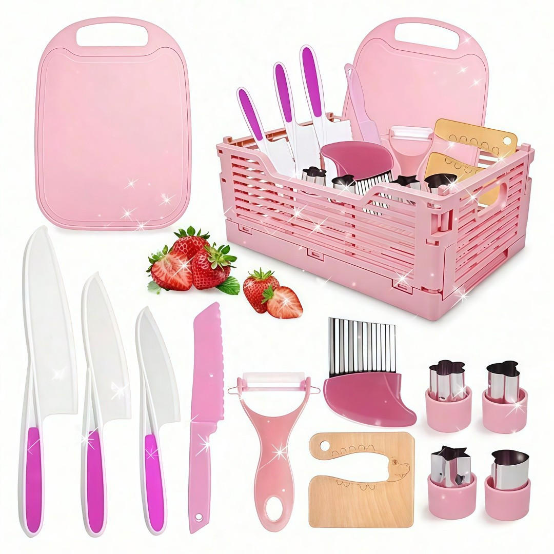 KINDERKÜCHE Messerset, Montessori Werkzeuge, mit Korb Aufbewahrung - Pink, Kunststoff (21/31/4cm) - Authentics
