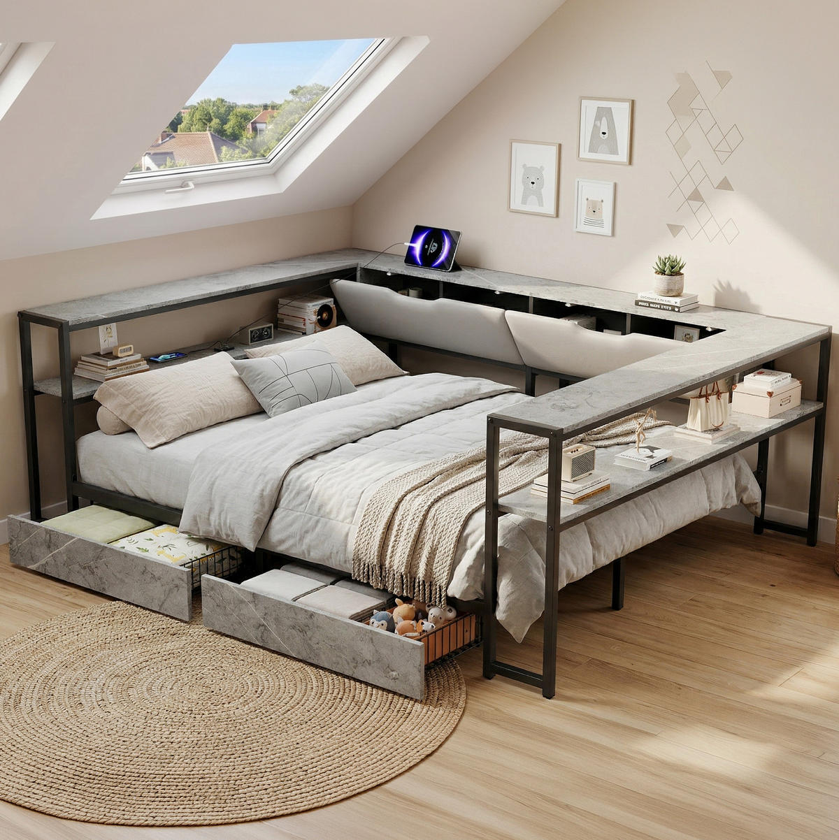 POLSTERBETT 140/200 cm grau aus MDF und Metall mit USB-C und 2 Schubladen - Grau, Holzwerkstoff (140/200cm) - OKWISH