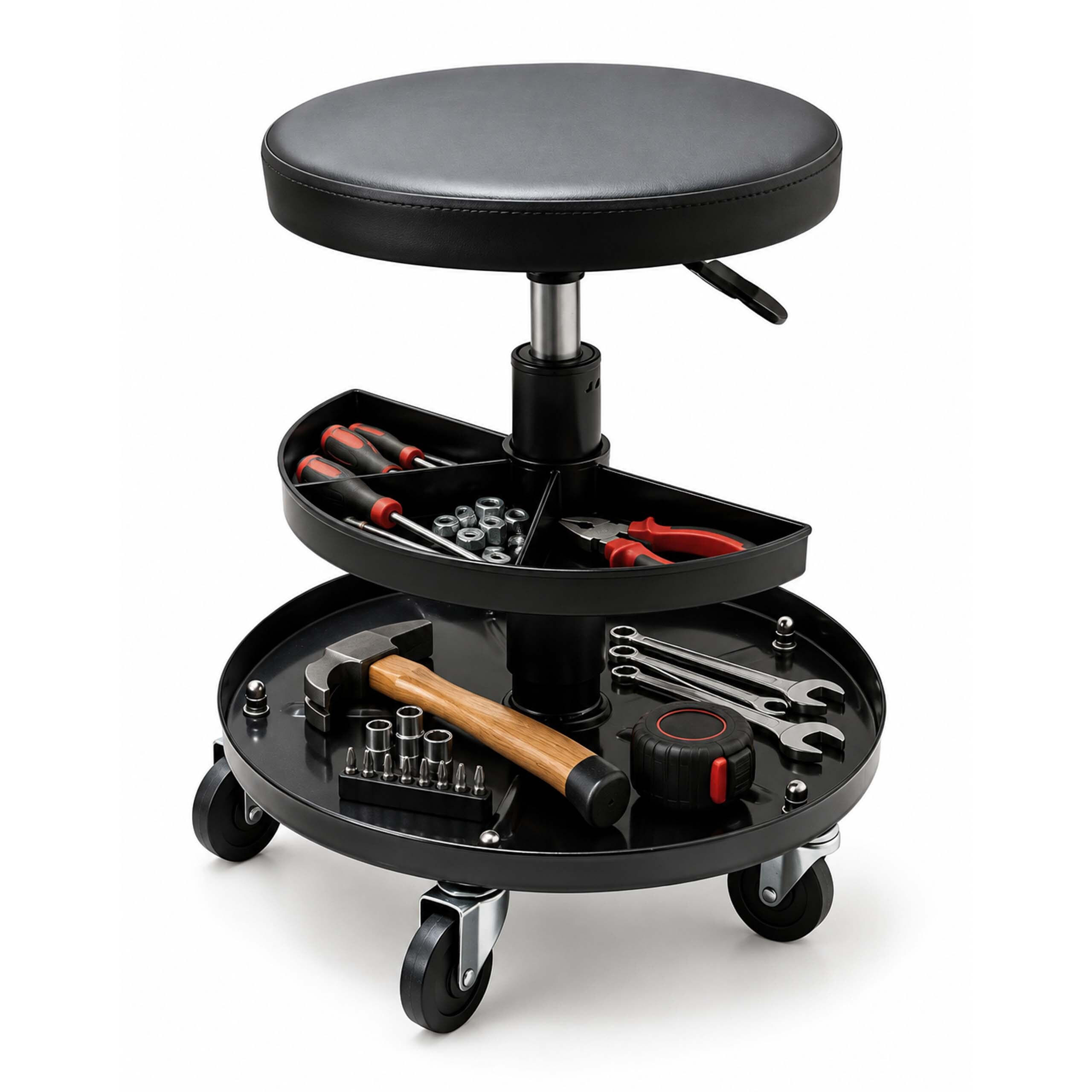 TABURET Čierny dielenský výškovo nastaviteľný s úložnými priehradkami 42 cm - čierna, kov/plast (38/42/38cm) - Relaxdays