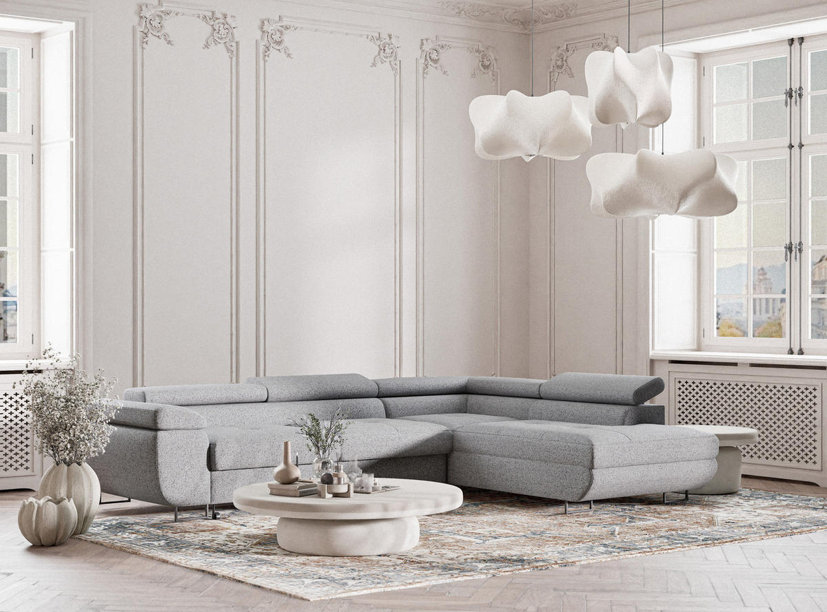 ECKSOFA MIT SCHLAFFUNKTION Concord Hellgrau Webstoff - Hellgrau/Schwarz, Holz/Holzwerkstoff (277/203cm) - Maison de Reve