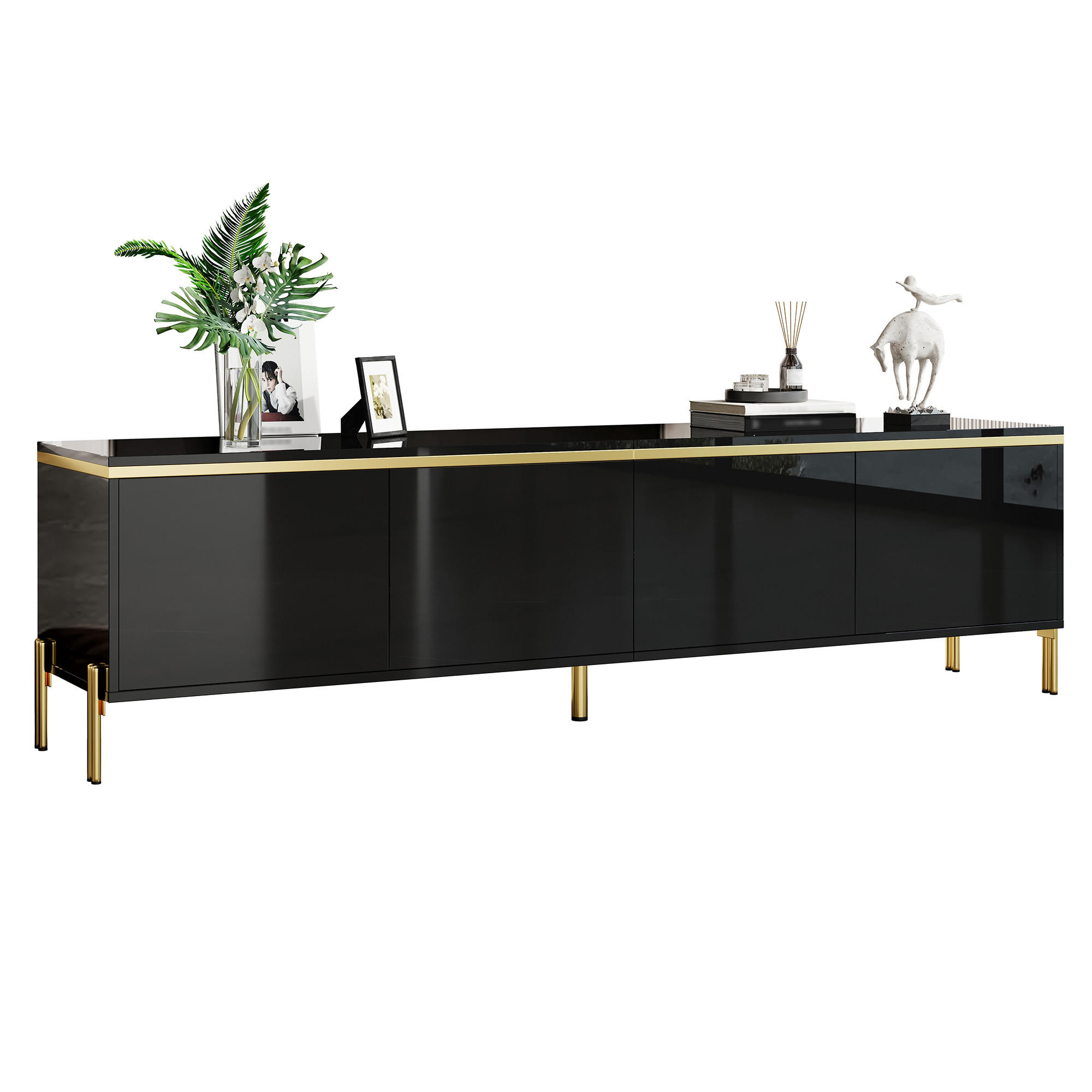 TV-STÄNDER Hochglanz 4 Türen Stauraum Kabelschnittstelle Goldkante - Schwarz, Holzwerkstoff (38/50/170cm) - FLIEKS