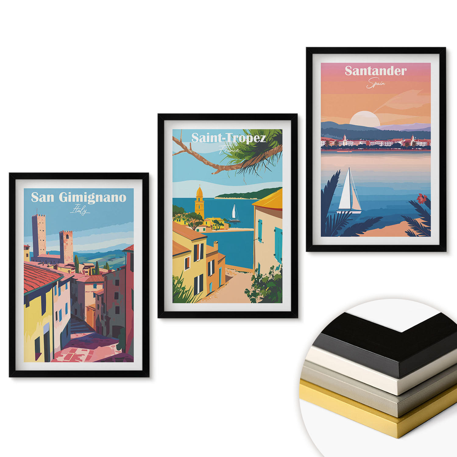 WANDBILDER 3er-Set - 40x60 cm Schwarzer Rahmen - Italienische Stadtlandschaften - Schwarz, Kunststoff (40/60cm) - ArtPrintCave