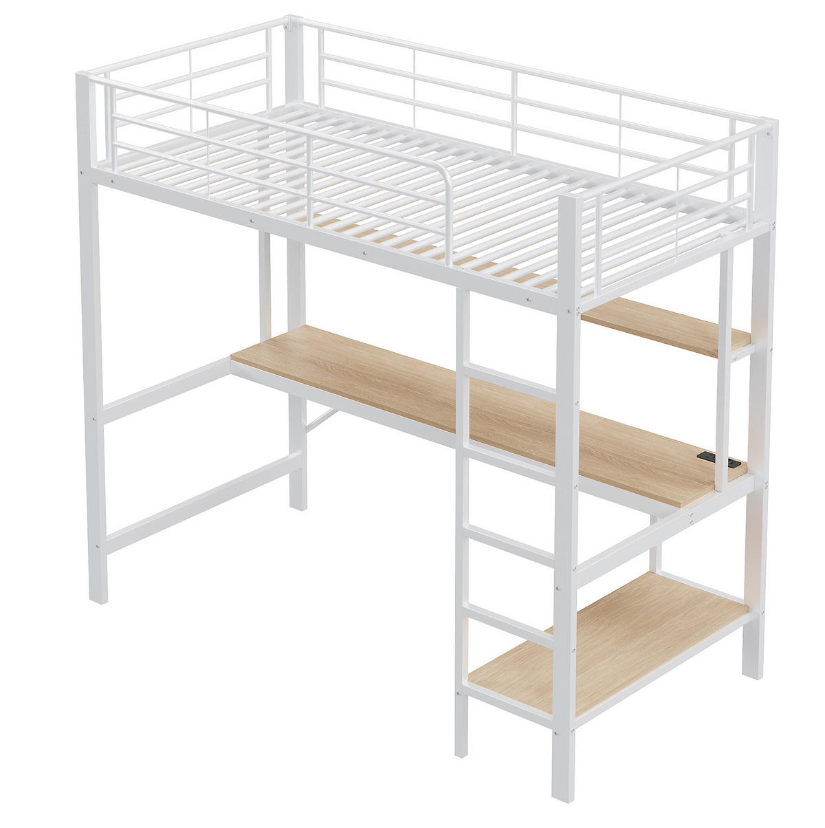 HOCHBETT 90/200 cm mit Schreibtisch, Regal, LED, USB und Steckdose, Metall/MDF, Weiß - Weiß, Metall (90/200cm) - Redom