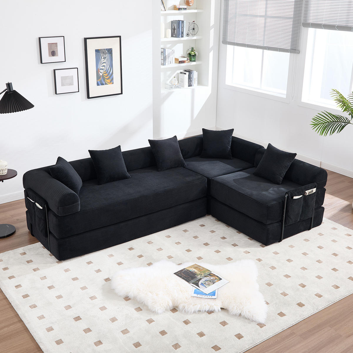ECKSCHLAFSOFA 270/180/64 cm Schwarz mit Integrierte Seitentaschen - Schwarz, Textil (270/180cm) - Oxeza