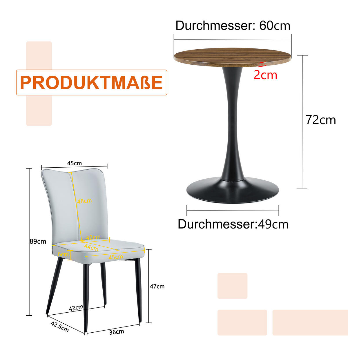 ESSGRUPPE DE-39406 3-teilig, mit 2 PU-Stühlen Hellgrau - Hellgrau, Holzwerkstoff (60/72/60cm) - ComfortXL