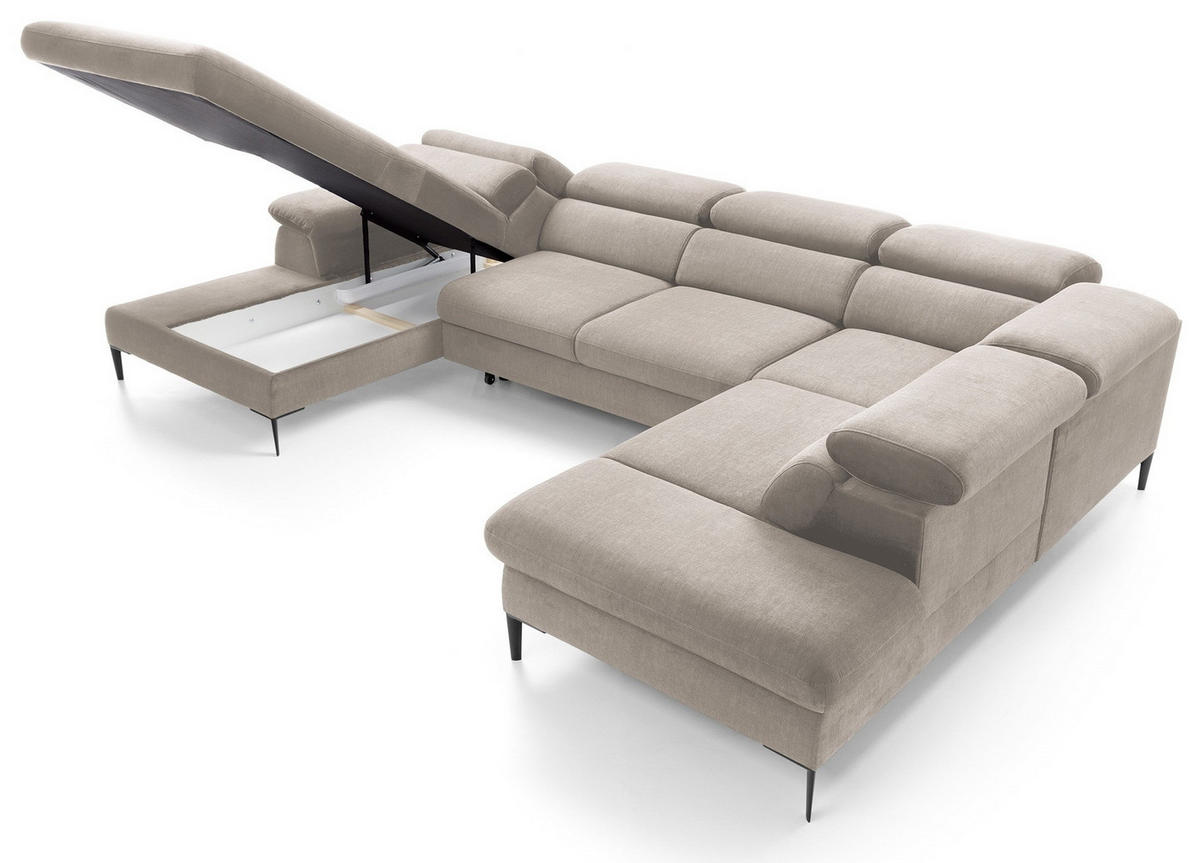 ECKSOFA U-Form 350 cm Amaro M mit Schlaffunktion, Links, Beige - Beige, Holz (214/353cm) - Emporius