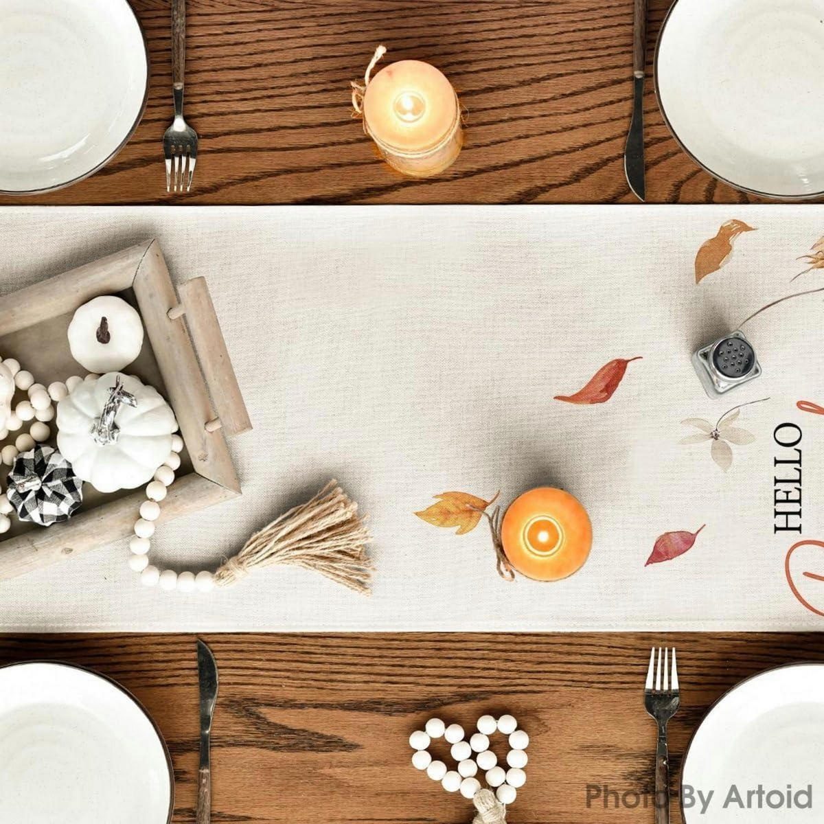 TISCHLÄUFER Herbst mit Blumen und Blättern, creme - Creme, Textil (140/40/1.5cm)