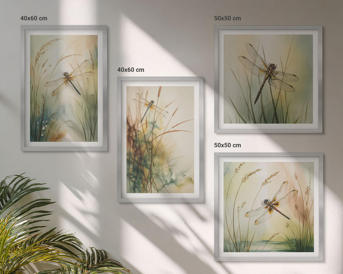 WANDBILDER 4er Set - 50x50 cm & 40x60 cm Silberner Rahmen - Libellengräser über dem Wasser - Silberfarben, Kunststoff (50/50cm) - ArtPrintCave
