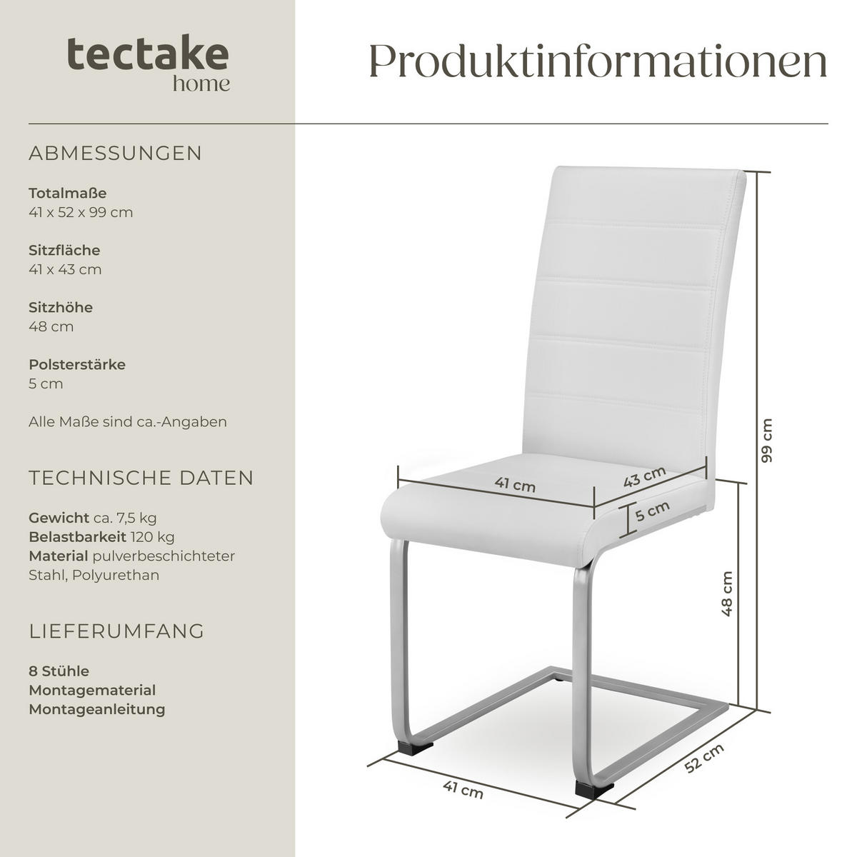 SCHWINGSTUHL 8er Set Bettina 41 x 52 x 99 cm weiß - Weiß, Textil (52/99/41cm) - tectake