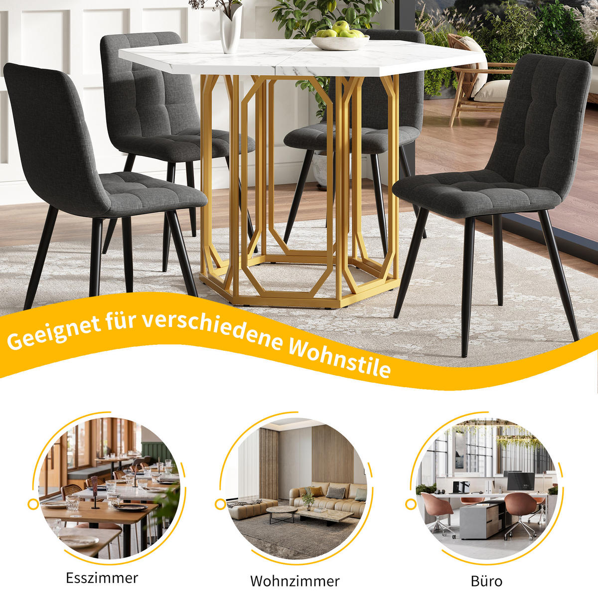 ESSTISCH 110,2/95,4/75,5 cm Gold mit Marmoroptik aus MDF und Metall - Goldfarben, Holzwerkstoff (110.2/95.4/75.5cm) - OKWISH