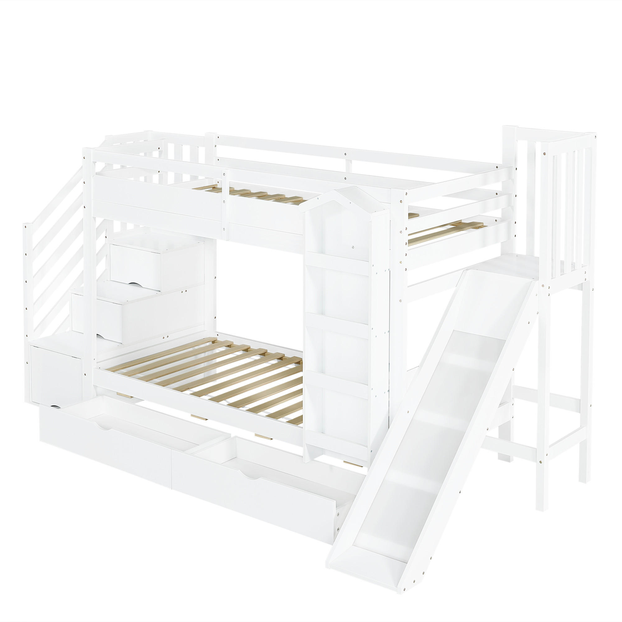ETAGENBETT 90/200 cm Weiß+Rosa mit Bilderbuchregal, 2 Schubladen, Rutsche und Stauraumtreppe - Weiß, Holz (90/200cm) - Oxeza