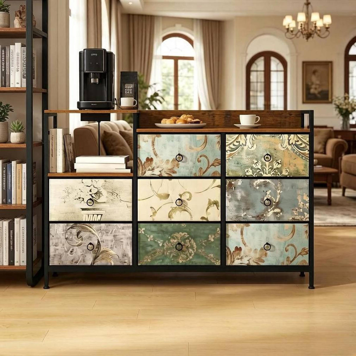 KOMMODE in Braun und Schwarz 132x29x88 cm mit 8 Stoffschubladen und Steckdosen - Multicolor, Textil (29/88/132cm) - IVMEU