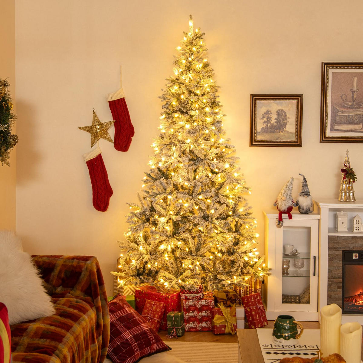 WEIHNACHTSBAUM halber Tannenbaum mit LEDs 180 cm weiß - Weiß, Metall (180cm) - COSTWAY