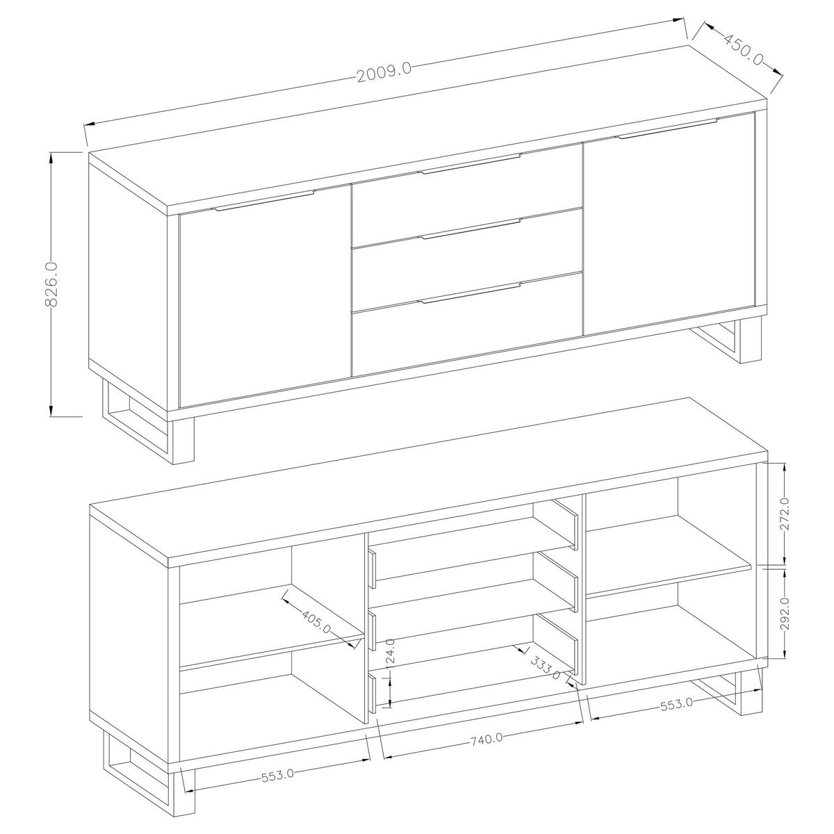 SIDEBOARD HALENZA 201/83/45 cm mit 3 Schubladen und 2 Türen Eiche Wotan - Eiche Wotan, Holzwerkstoff (201/83/45cm) - MASSENO