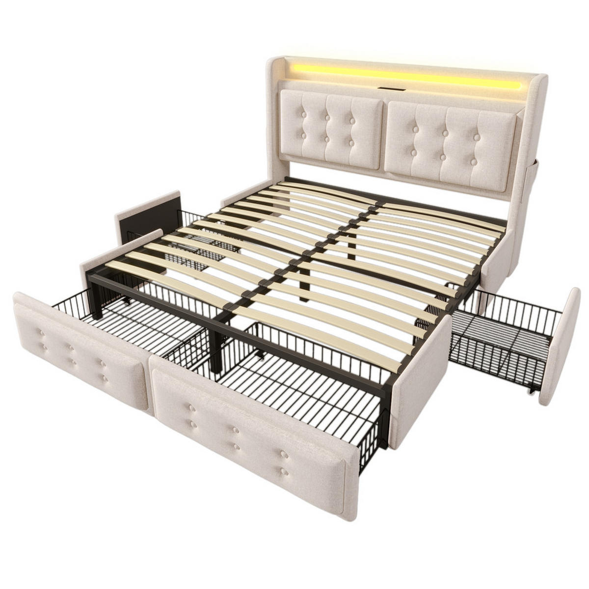 POLSTERBETT 160x200cm Doppelbett LED-Kopfteil USB-C 4 Schubladen Beige - Beige, Holz - FLIEKS