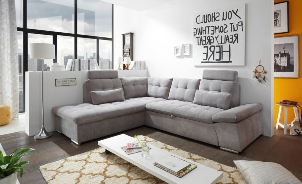 ECKSOFA mit Schlaffunktion, Bettkasten und verstellbarer Armlehne - Chromfarben/Schlammfarben, Textil (260/219cm) - ed exciting design